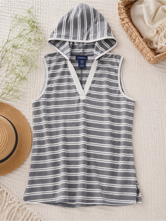 Catalina Tops - Catalina Gray & White Striped Sleeveless Hooded Terry Top | Size Large
